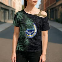 Federated States Of Micronesia Cross Shoulder Shirt FSM Tropical Monstera Leaf Dark Tribal Pattern