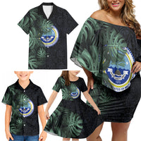 Federated States Of Micronesia Family Matching Off Shoulder Short Dress and Hawaiian Shirt FSM Tropical Monstera Leaf Dark Tribal Pattern