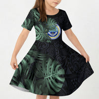 Federated States Of Micronesia Kid Short Sleeve Dress FSM Tropical Monstera Leaf Dark Tribal Pattern