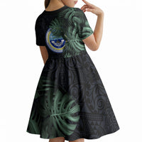 Federated States Of Micronesia Kid Short Sleeve Dress FSM Tropical Monstera Leaf Dark Tribal Pattern