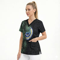 Federated States Of Micronesia Scrub Top FSM Tropical Monstera Leaf Dark Tribal Pattern