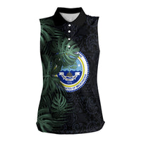 Federated States Of Micronesia Women Sleeveless Polo Shirt FSM Tropical Monstera Leaf Dark Tribal Pattern