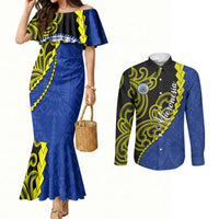 Federated States Of Micronesia FSM Couples Matching Mermaid Dress and Long Sleeve Button Shirt Pacific Islander Tribal Swirl Geometric Pattern