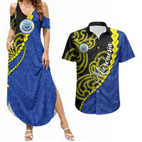 Federated States Of Micronesia FSM Couples Matching Summer Maxi Dress and Hawaiian Shirt Pacific Islander Tribal Swirl Geometric Pattern