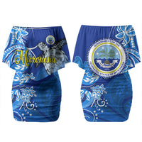 Micronesia Sea Turtle Couples Matching Off Shoulder Short Dress and Long Sleeve Button Shirt Federated States Of Micronesia Tribal Floral Pattern