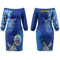 Micronesia Sea Turtle Couples Matching Off The Shoulder Long Sleeve Dress and Hawaiian Shirt Federated States Of Micronesia Tribal Floral Pattern