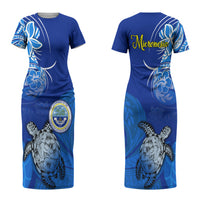 Micronesia Sea Turtle Couples Matching Short Sleeve Bodycon Dress and Long Sleeve Button Shirt Federated States Of Micronesia Tribal Floral Pattern