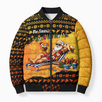 Tropical Christmas In July Santa Claus Bomber Puffer Jacket Festive Hawaiian With Beach Reindeer Sleigh