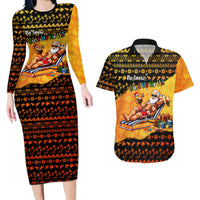 Tropical Christmas In July Santa Claus Couples Matching Long Sleeve Bodycon Dress and Hawaiian Shirt Festive Hawaiian With Beach Reindeer Sleigh