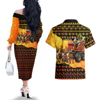 Tropical Christmas In July Santa Claus Couples Matching Off The Shoulder Long Sleeve Dress and Hawaiian Shirt Festive Hawaiian With Beach Reindeer Sleigh