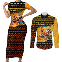 Tropical Christmas In July Santa Claus Couples Matching Short Sleeve Bodycon Dress and Long Sleeve Button Shirt Festive Hawaiian With Beach Reindeer Sleigh