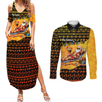 Tropical Christmas In July Santa Claus Couples Matching Summer Maxi Dress and Long Sleeve Button Shirt Festive Hawaiian With Beach Reindeer Sleigh