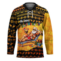 Tropical Christmas In July Santa Claus Hockey Jersey Festive Hawaiian With Beach Reindeer Sleigh