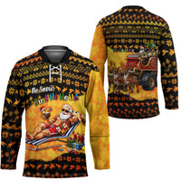 Tropical Christmas In July Santa Claus Hockey Jersey Festive Hawaiian With Beach Reindeer Sleigh