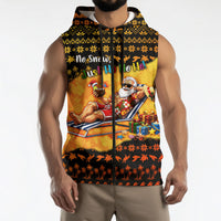 Tropical Christmas In July Santa Claus Sleeveless Zip Hoodie Festive Hawaiian With Beach Reindeer Sleigh