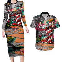 Tropical Christmas In July Candy Cane Surf Couples Matching Long Sleeve Bodycon Dress and Hawaiian Shirt Vibrant Street Art Beach Graffiti Graphic