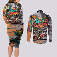 Tropical Christmas In July Candy Cane Surf Couples Matching Long Sleeve Bodycon Dress and Long Sleeve Button Shirt Vibrant Street Art Beach Graffiti Graphic