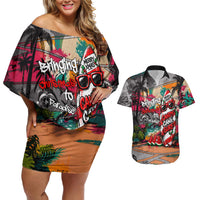 Tropical Christmas In July Candy Cane Surf Couples Matching Off Shoulder Short Dress and Hawaiian Shirt Vibrant Street Art Beach Graffiti Graphic