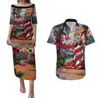 Tropical Christmas In July Candy Cane Surf Couples Matching Puletasi and Hawaiian Shirt Vibrant Street Art Beach Graffiti Graphic