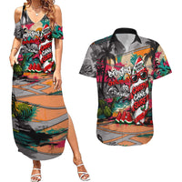 Tropical Christmas In July Candy Cane Surf Couples Matching Summer Maxi Dress and Hawaiian Shirt Vibrant Street Art Beach Graffiti Graphic