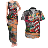 Tropical Christmas In July Candy Cane Surf Couples Matching Tank Maxi Dress and Hawaiian Shirt Vibrant Street Art Beach Graffiti Graphic