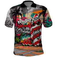 Tropical Christmas In July Candy Cane Surf Polo Shirt Vibrant Street Art Beach Graffiti Graphic