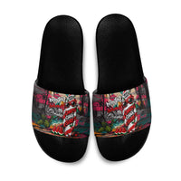 Tropical Christmas In July Candy Cane Surf Slide Sandals Vibrant Street Art Beach Graffiti Graphic