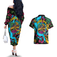 Pineapple Skull Couples Matching Off The Shoulder Long Sleeve Dress and Hawaiian Shirt Sumer Time TS04 Multicolor - Polynesian Pride