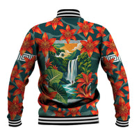Fiji Taveuni Parrot Baseball Jacket Tropical Waterfall Landscape With Floral Tribal Pattern