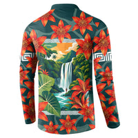 Fiji Taveuni Parrot Button Sweatshirt Tropical Waterfall Landscape With Floral Tribal Pattern
