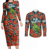 Fiji Taveuni Parrot Couples Matching Long Sleeve Bodycon Dress and Long Sleeve Button Shirt Tropical Waterfall Landscape With Floral Tribal Pattern