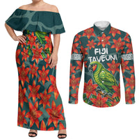 Fiji Taveuni Parrot Couples Matching Off Shoulder Maxi Dress and Long Sleeve Button Shirt Tropical Waterfall Landscape With Floral Tribal Pattern