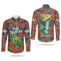 Fiji Taveuni Parrot Couples Matching Off Shoulder Short Dress and Long Sleeve Button Shirt Tropical Waterfall Landscape With Floral Tribal Pattern