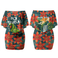 Fiji Taveuni Parrot Couples Matching Off Shoulder Short Dress and Long Sleeve Button Shirt Tropical Waterfall Landscape With Floral Tribal Pattern