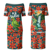 Fiji Taveuni Parrot Couples Matching Puletasi and Hawaiian Shirt Tropical Waterfall Landscape With Floral Tribal Pattern