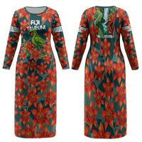 Fiji Taveuni Parrot Family Matching Long Sleeve Bodycon Dress and Hawaiian Shirt Tropical Waterfall Landscape With Floral Tribal Pattern