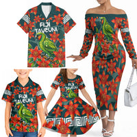 Fiji Taveuni Parrot Family Matching Off The Shoulder Long Sleeve Dress and Hawaiian Shirt Tropical Waterfall Landscape With Floral Tribal Pattern