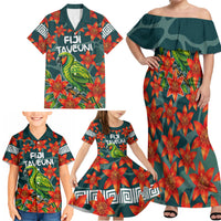 Fiji Taveuni Parrot Family Matching Off Shoulder Maxi Dress and Hawaiian Shirt Tropical Waterfall Landscape With Floral Tribal Pattern