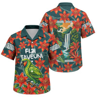 Fiji Taveuni Parrot Family Matching Off Shoulder Short Dress and Hawaiian Shirt Tropical Waterfall Landscape With Floral Tribal Pattern