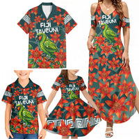 Fiji Taveuni Parrot Family Matching Summer Maxi Dress and Hawaiian Shirt Tropical Waterfall Landscape With Floral Tribal Pattern