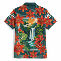 Fiji Taveuni Parrot Hawaiian Shirt Tropical Waterfall Landscape With Floral Tribal Pattern