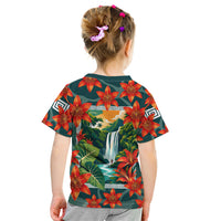 Fiji Taveuni Parrot Kid T Shirt Tropical Waterfall Landscape With Floral Tribal Pattern