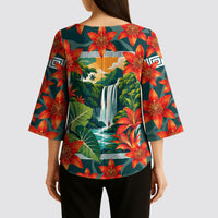 Fiji Taveuni Parrot Kimono Sleeve Blouse Tropical Waterfall Landscape With Floral Tribal Pattern