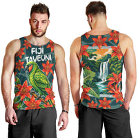 Fiji Taveuni Parrot Men Tank Top Tropical Waterfall Landscape With Floral Tribal Pattern