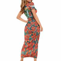 Fiji Taveuni Parrot Short Sleeve Bodycon Dress Tropical Waterfall Landscape With Floral Tribal Pattern