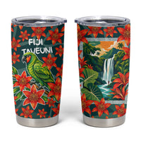 Fiji Taveuni Parrot Tumbler Cup Tropical Waterfall Landscape With Floral Tribal Pattern