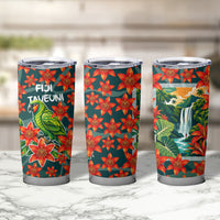 Fiji Taveuni Parrot Tumbler Cup Tropical Waterfall Landscape With Floral Tribal Pattern