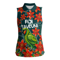 Fiji Taveuni Parrot Women Sleeveless Polo Shirt Tropical Waterfall Landscape With Floral Tribal Pattern
