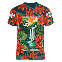 Fiji Taveuni Parrot Women V-Neck T-Shirt Tropical Waterfall Landscape With Floral Tribal Pattern