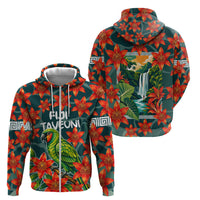 Fiji Taveuni Parrot Zip Hoodie Tropical Waterfall Landscape With Floral Tribal Pattern